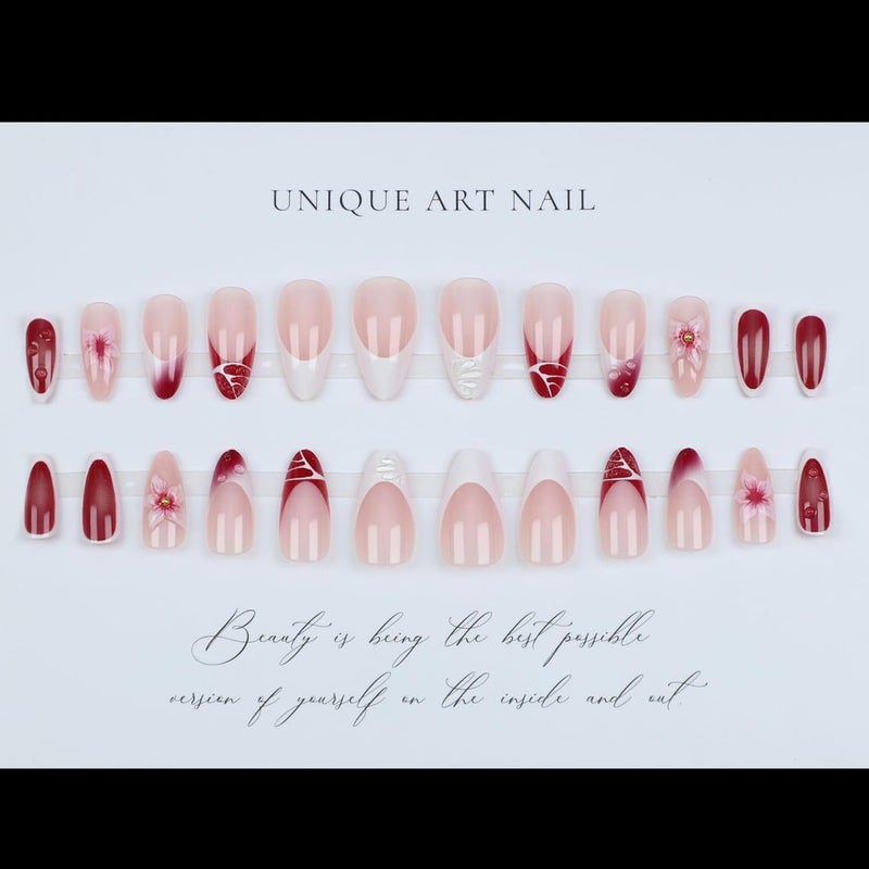 SEENEEY Long Press on Nails Almond Fake Nails Red Artificial Nail Pink Flowers Designs Stick on Nail for Women 24pcs - Image 4